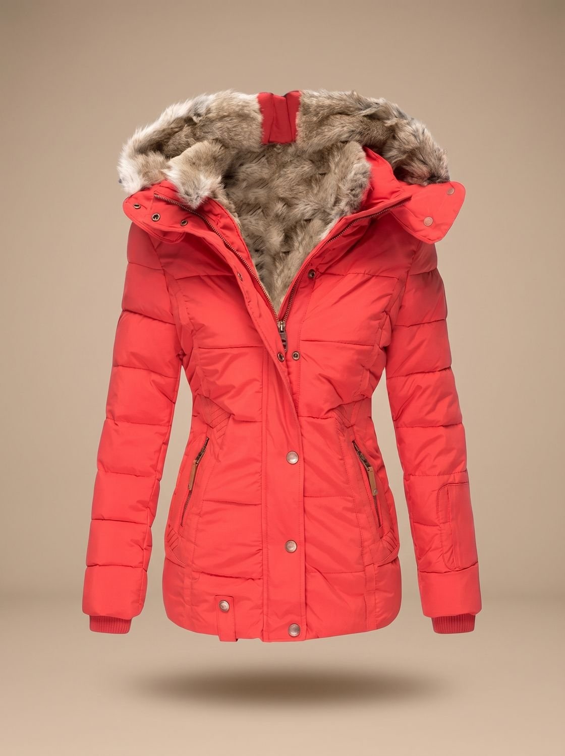 Hooded Quilted Puffer Winter Coat for Women - Red