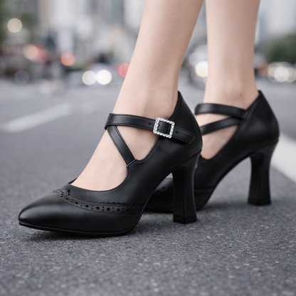 Calista Leather T-Strap Block Heels