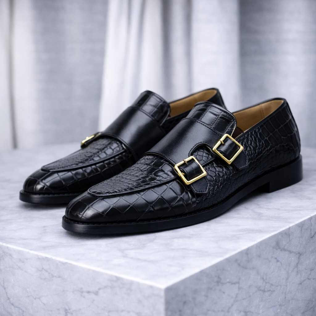 Marcelli Croc-Embossed Italian Leather Double Monk Strap Orthopedic Shoes