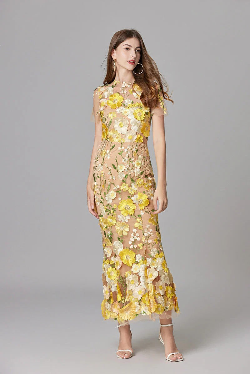 Celestina Mesh Floral Appliqué Maxi Dress