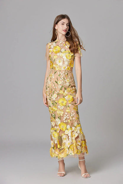 Celestina Mesh Floral Appliqué Maxi Dress