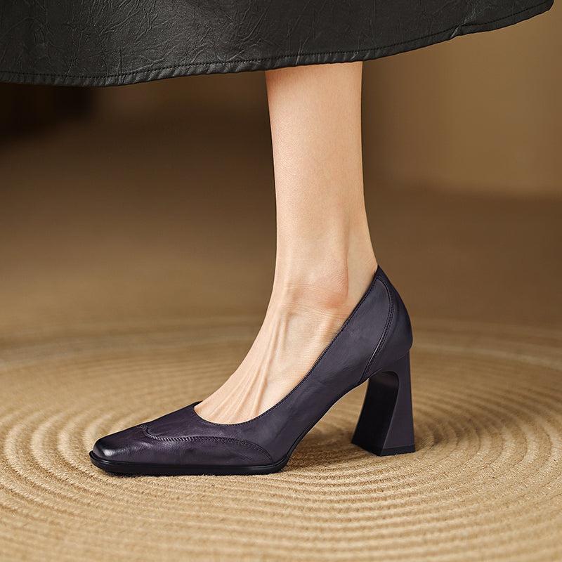 Genuine Leather Block Heel Pumps