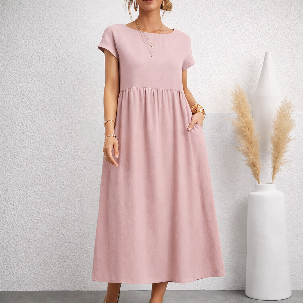 Linen Relaxed Midi Dress with Pockets