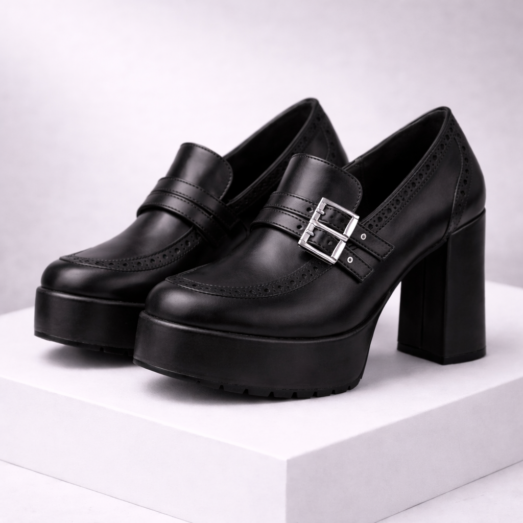 Bellara Leather Block Heels with Buckle Strap