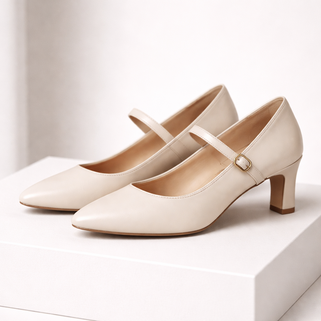 Leather Block Heel Pumps with Buckle