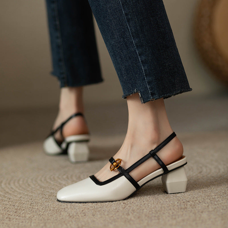 Viviana Italian Leather Block Heels with Gold Buckle