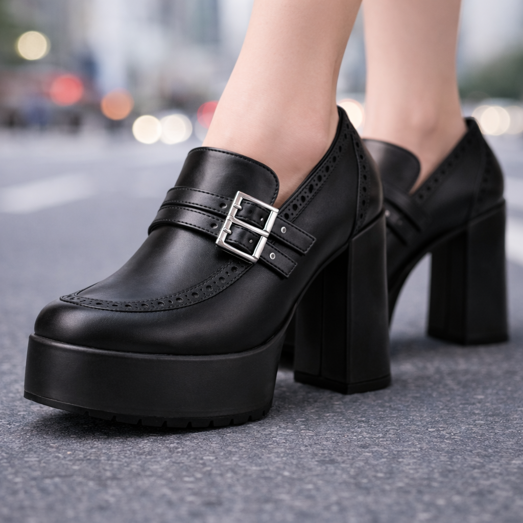 Bellara Leather Block Heels with Buckle Strap