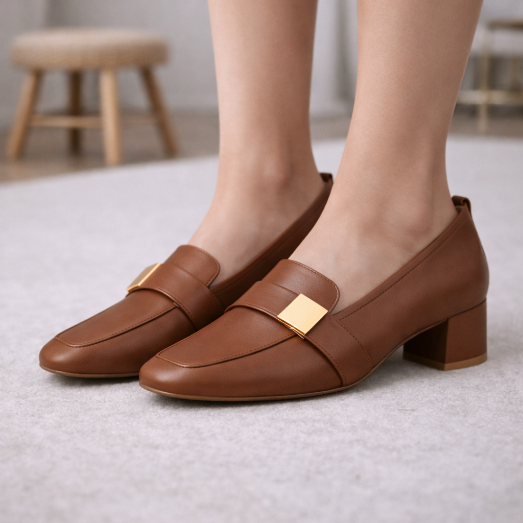 Celina Italian Leather Block Heels with Gold Accent