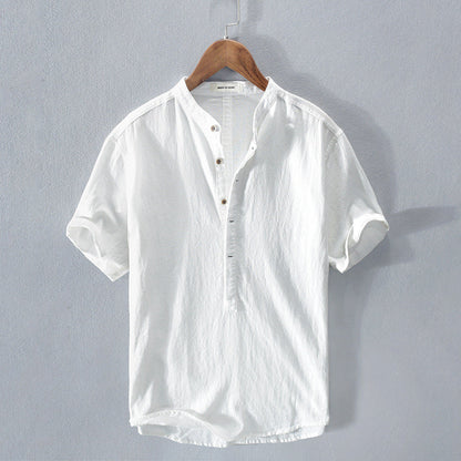 Men's Short Sleeve Linen Shirt with Stand-Up Collar