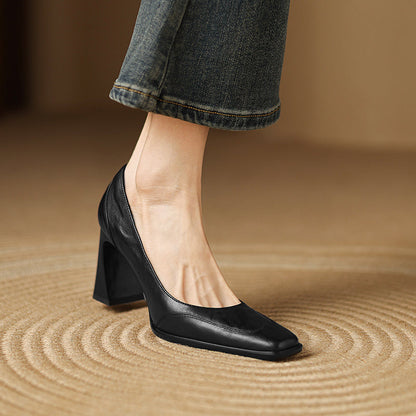 Genuine Leather Block Heel Pumps