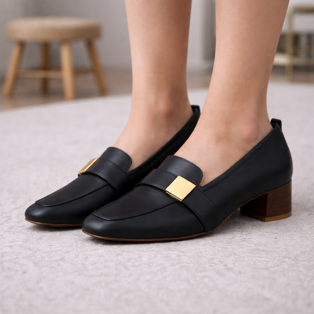 Celina Italian Leather Block Heels with Gold Accent