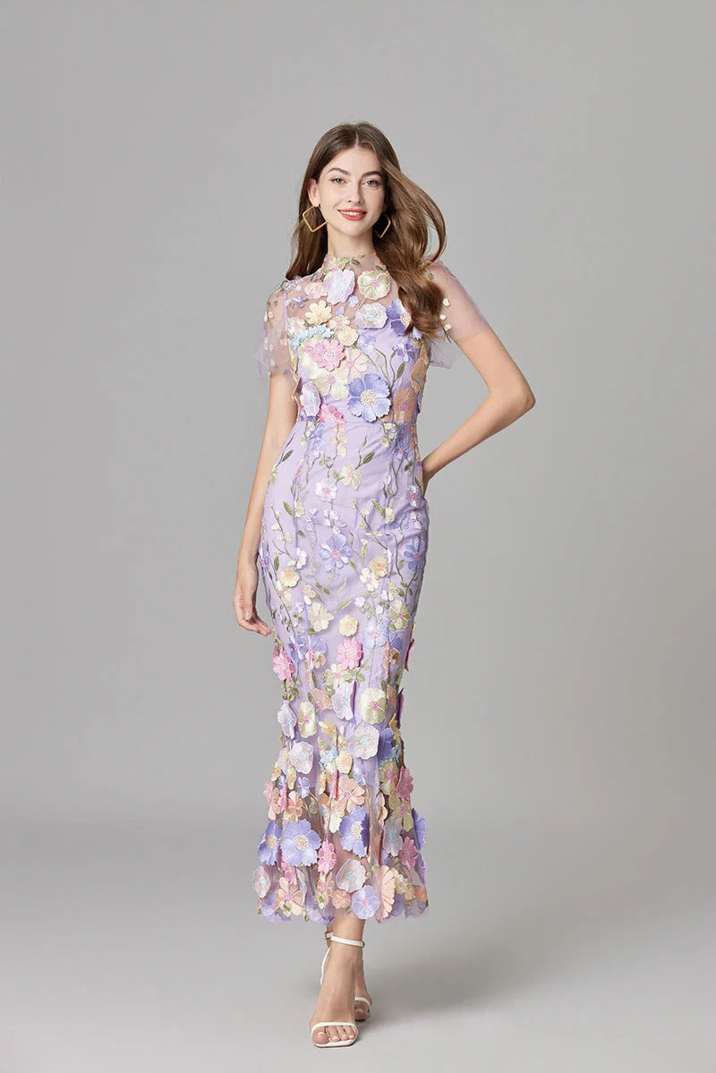 Celestina Mesh Floral Appliqué Maxi Dress
