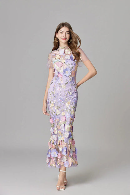 Celestina Mesh Floral Appliqué Maxi Dress