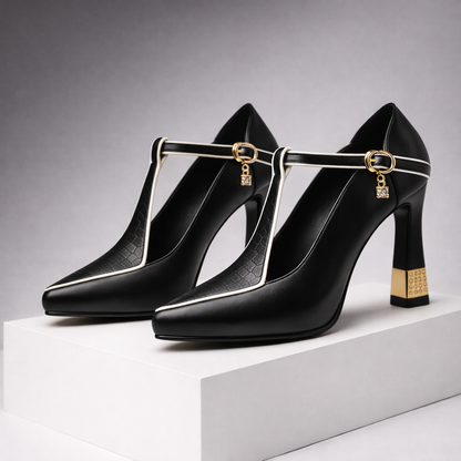 Savona Leather Block Heels with Buckle