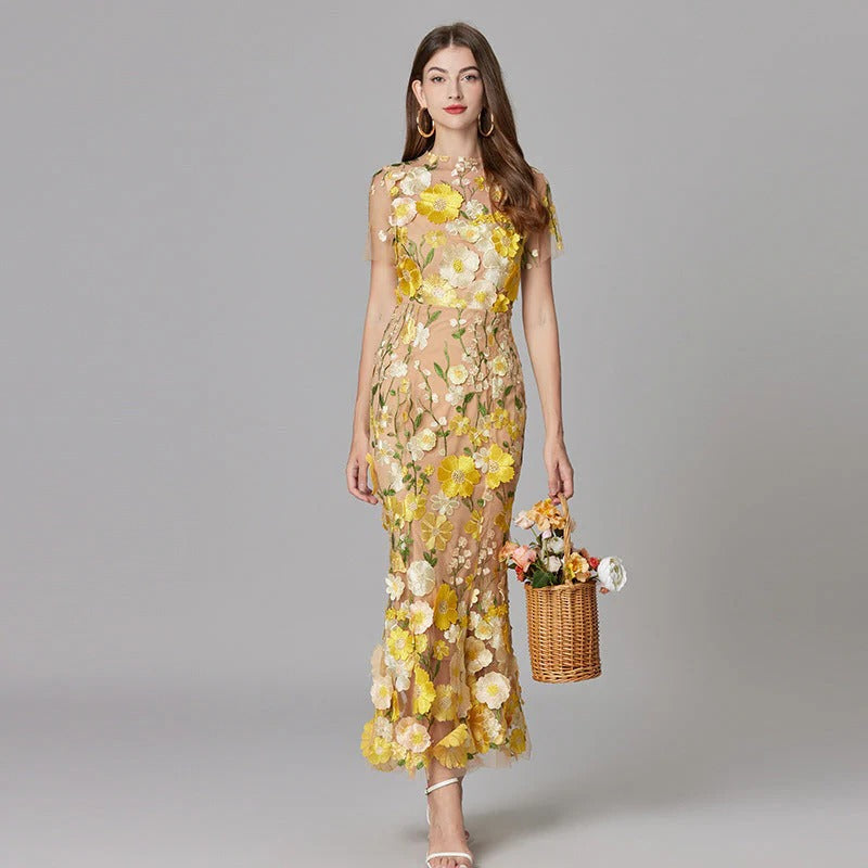 Celestina Mesh Floral Appliqué Maxi Dress