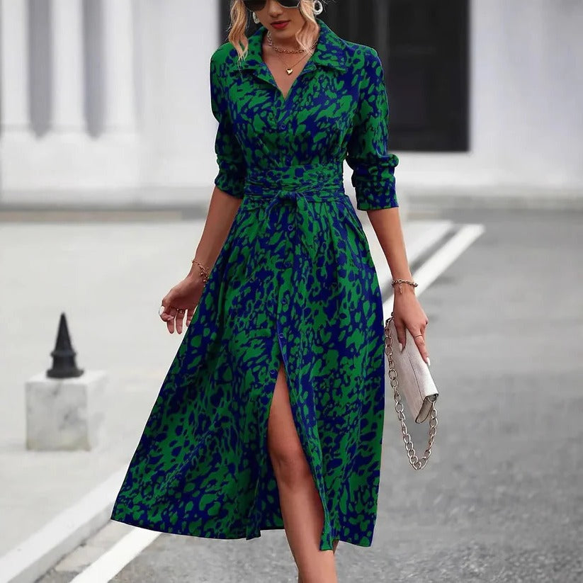Celestina Abstract Print Belted Midi Dress
