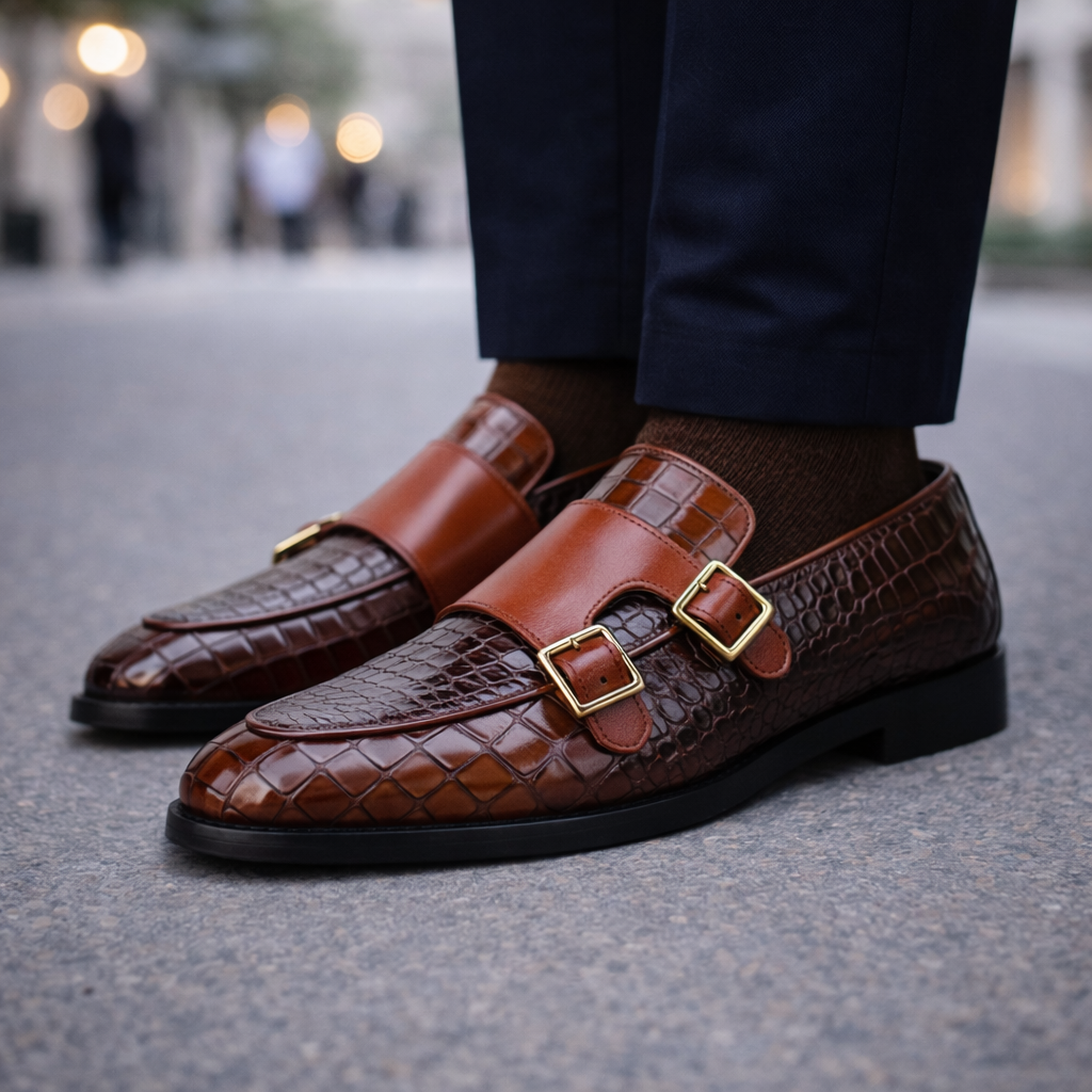 Marcelli Croc-Embossed Italian Leather Double Monk Strap Orthopedic Shoes