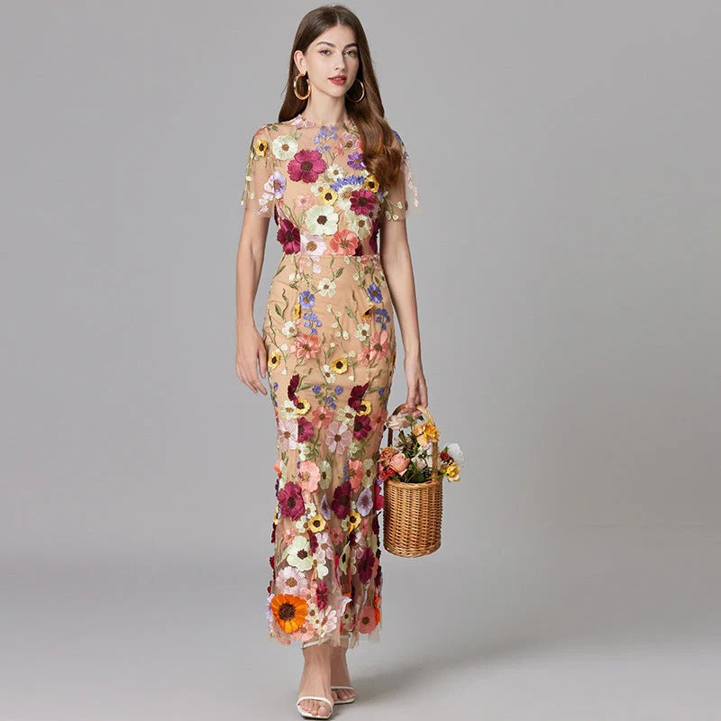 Celestina Mesh Floral Appliqué Maxi Dress