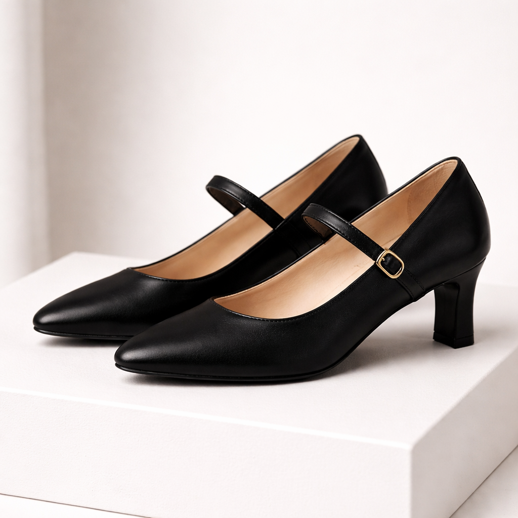 Leather Block Heel Pumps with Buckle