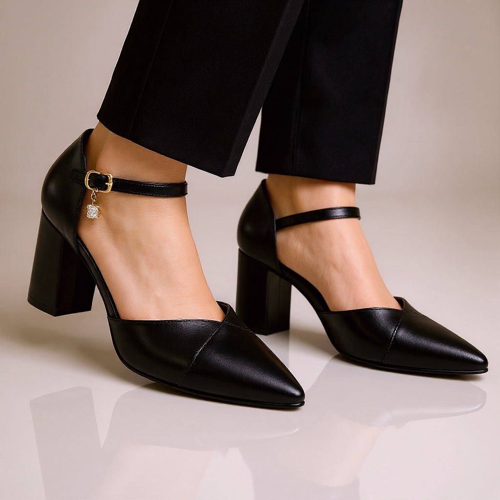 Pointed-Toe Leather Block Heel Pumps