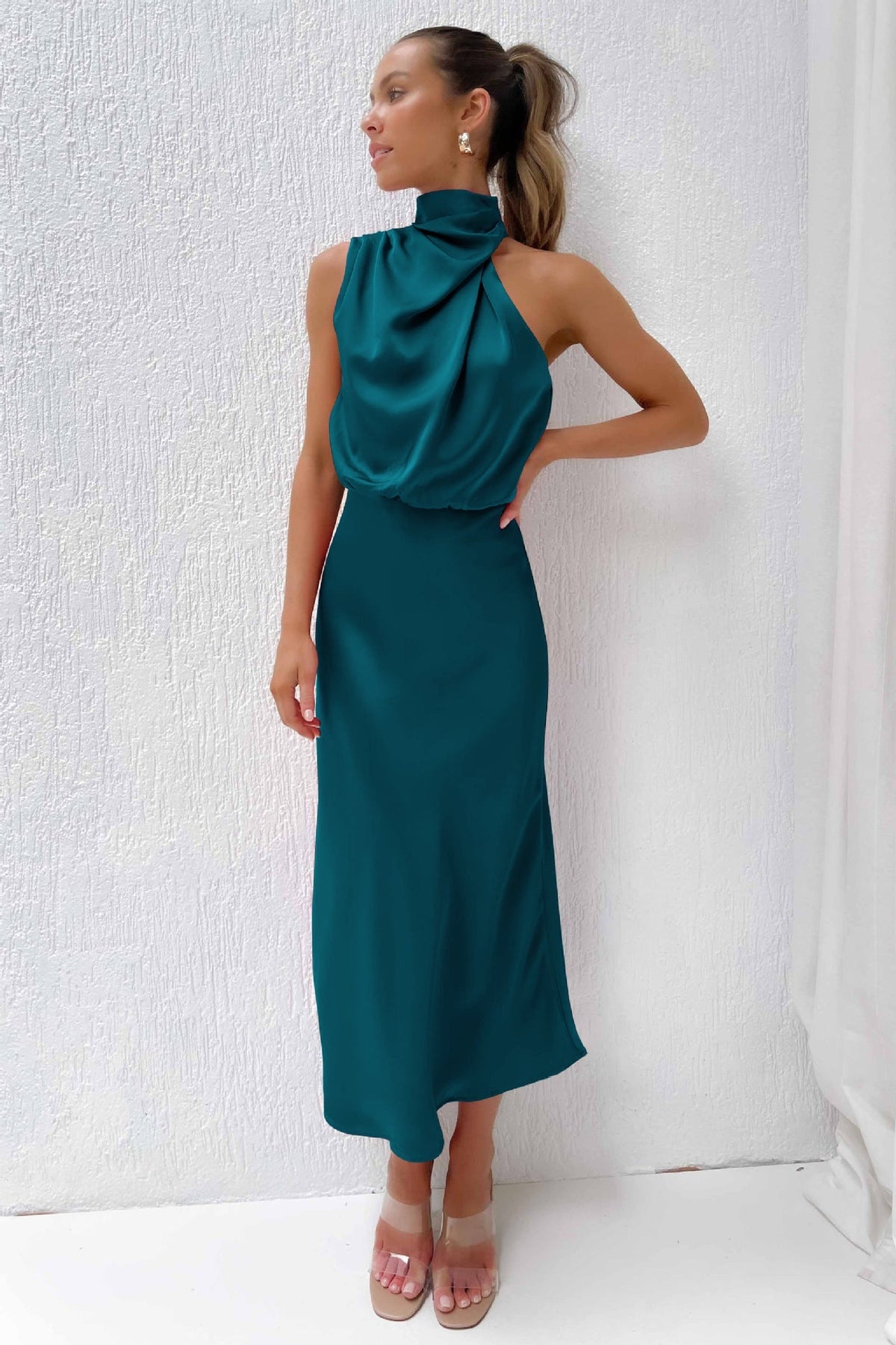 Satin Halter Midi Dress