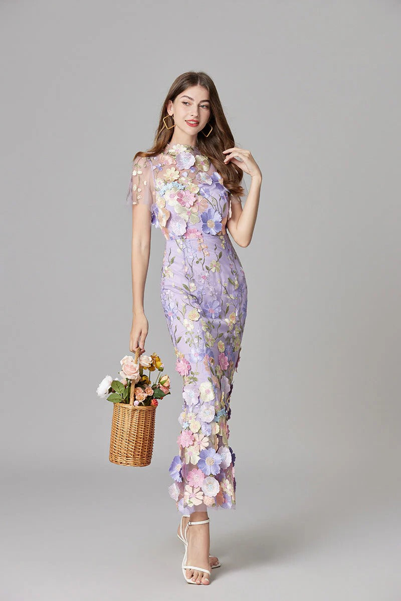 Celestina Mesh Floral Appliqué Maxi Dress