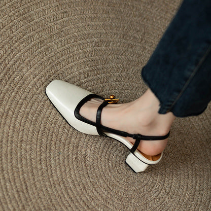 Viviana Italian Leather Block Heels with Gold Buckle