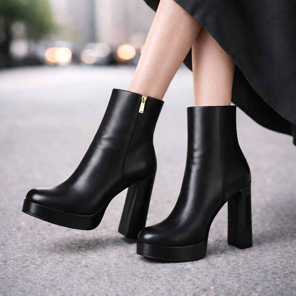 Celestina Italian Leather Block Heel Boots with Zipper