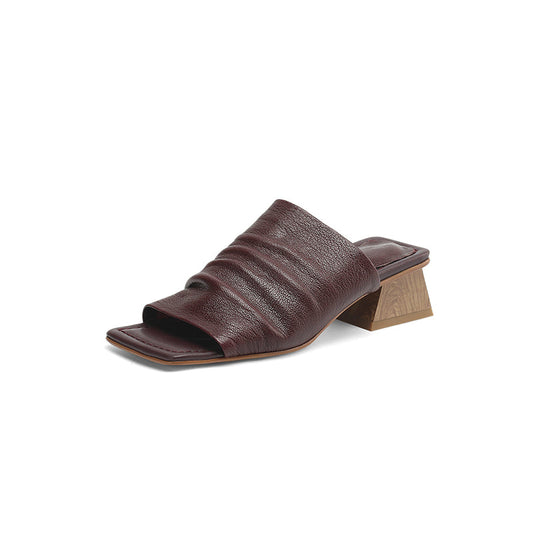 Genuine Leather Block Heel Slip-On Sandals
