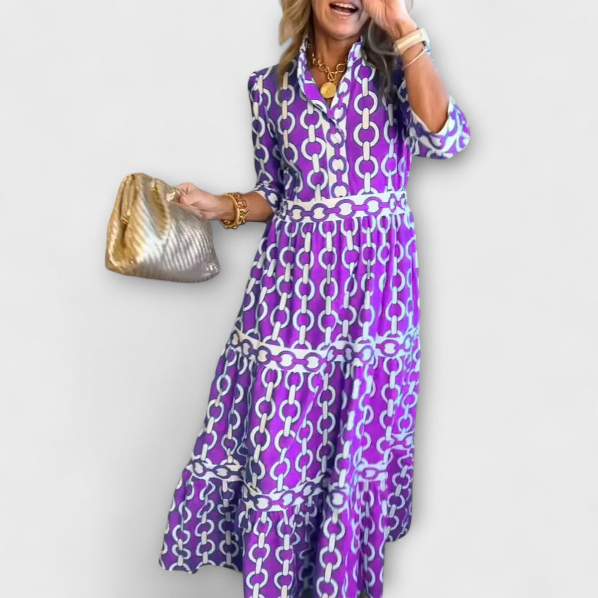Three-Quarter Sleeve Printed Midi Dress