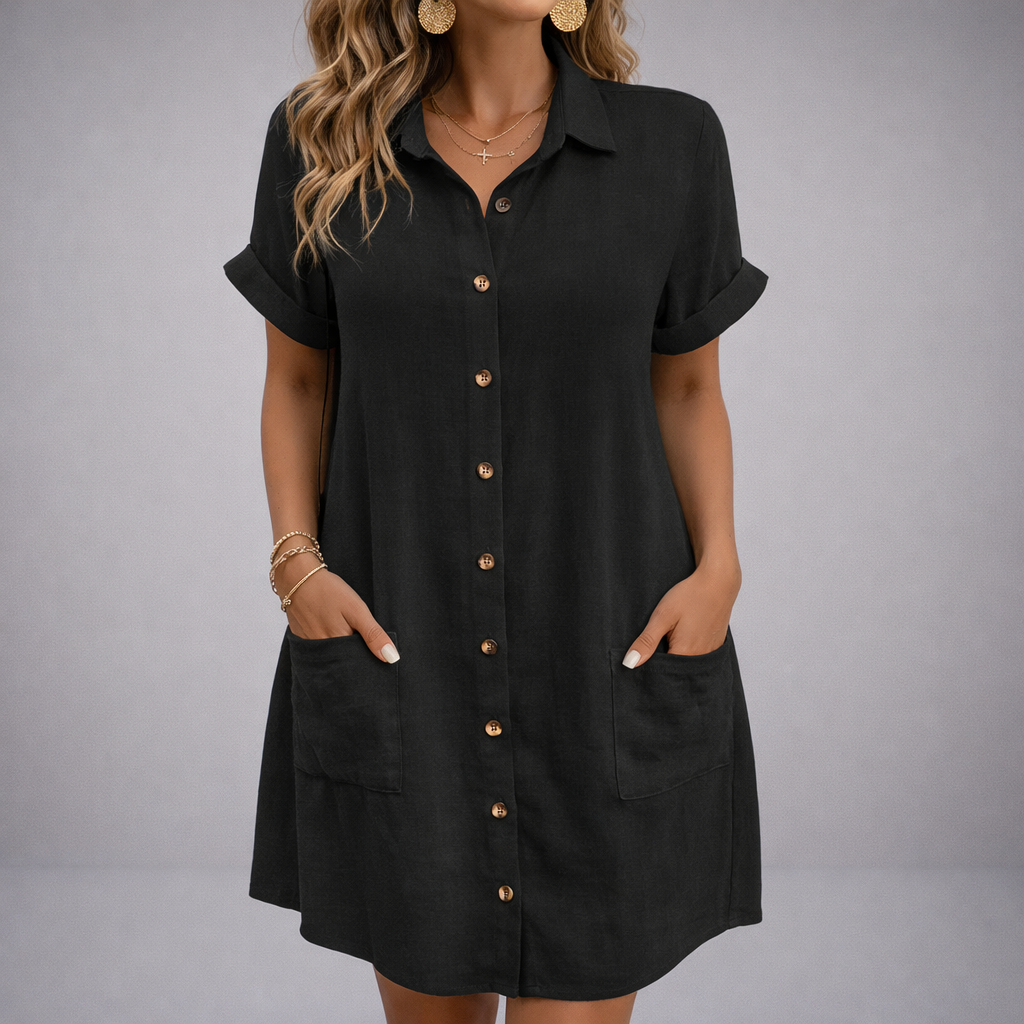 Linen-Blend Button-Up Dress with Pockets