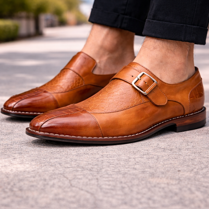Castellano Croc-Embossed Leather Orthopedic Monk Strap Shoes