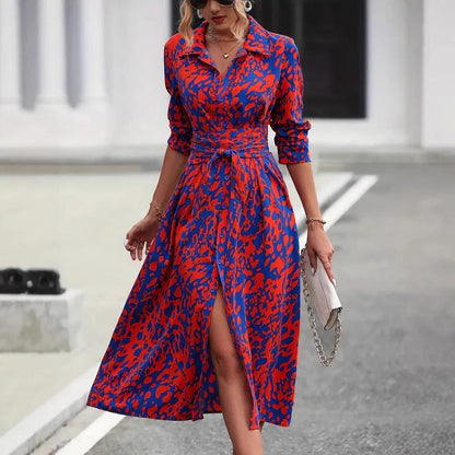 Celestina Abstract Print Belted Midi Dress