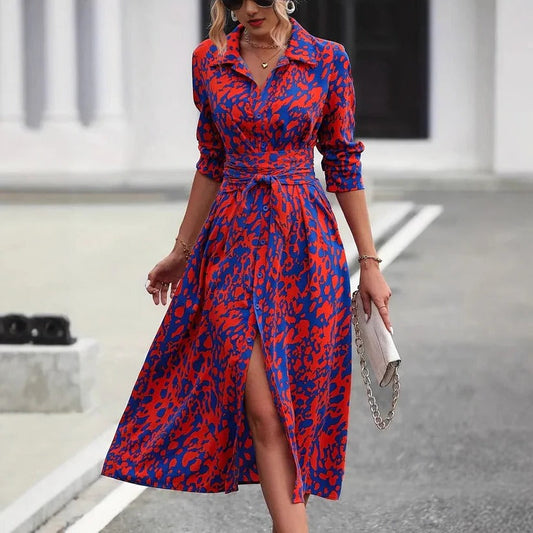 Celestina Abstract Print Belted Midi Dress