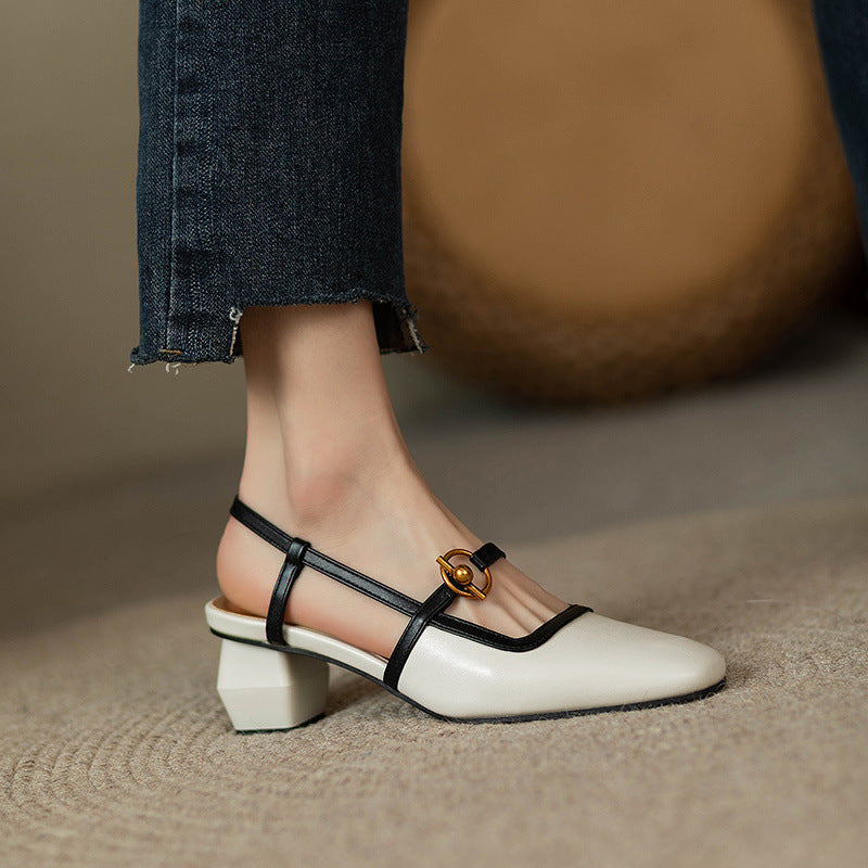 Viviana Italian Leather Block Heels with Gold Buckle