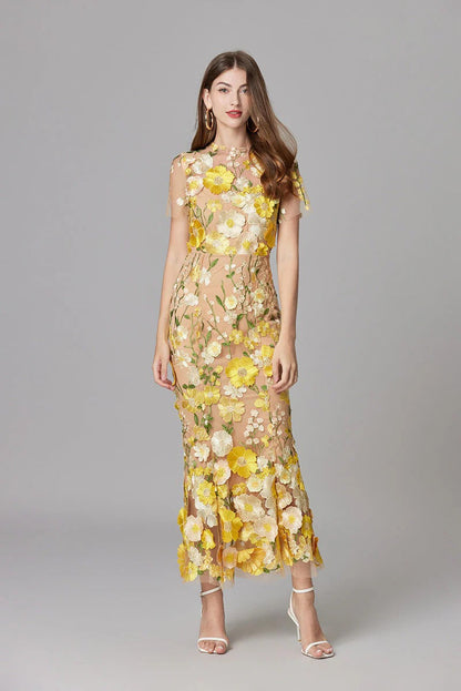 Celestina Mesh Floral Appliqué Maxi Dress