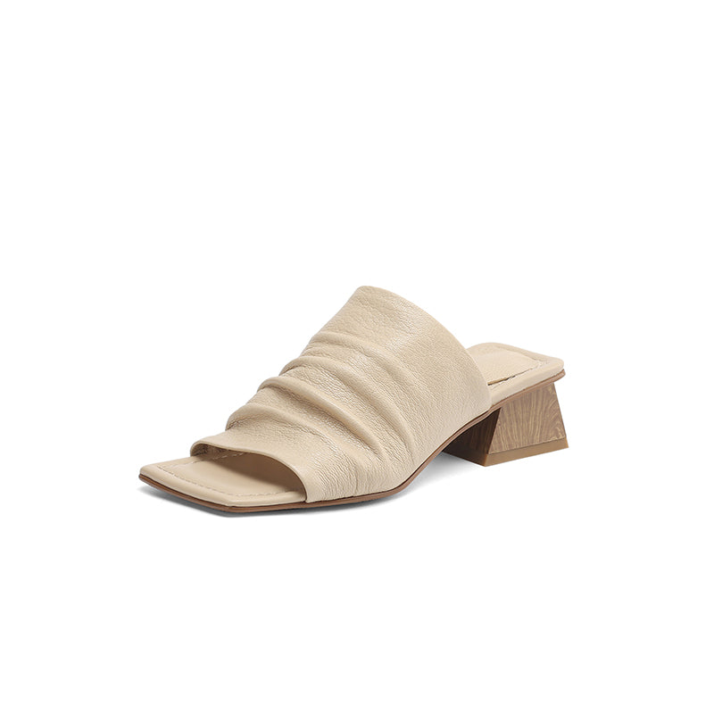 Leather Block Heel Slip-On Sandals