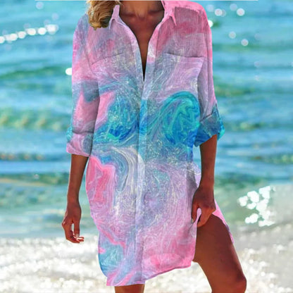Serena Tropical Print Button-Up Shirt Dress