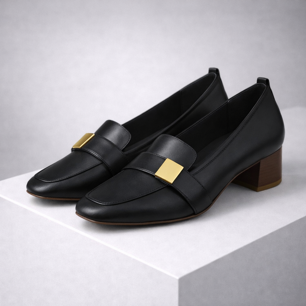 Celina Italian Leather Block Heels with Gold Accent