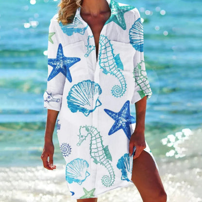 Serena Tropical Print Button-Up Shirt Dress