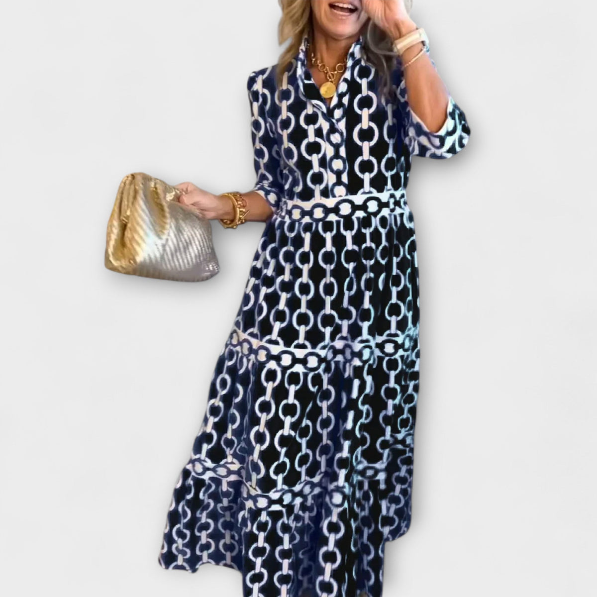 Three-Quarter Sleeve Printed Midi Dress