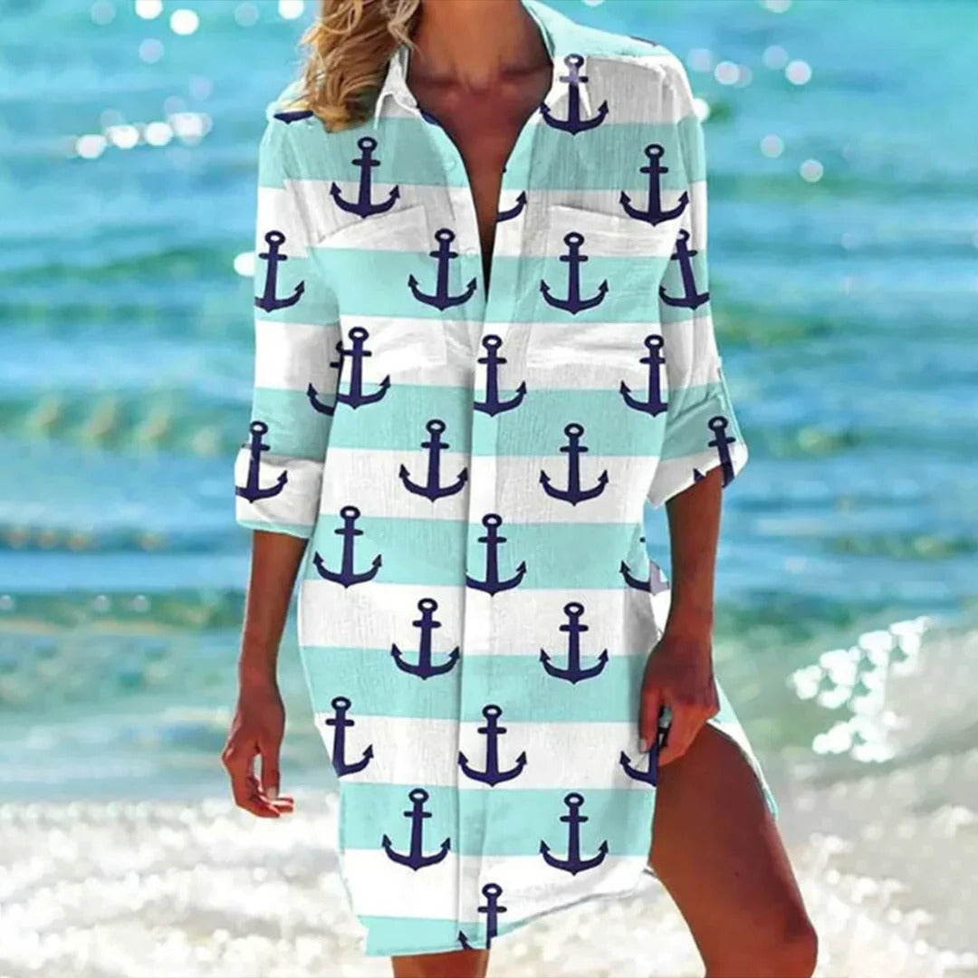 Serena Tropical Print Button-Up Shirt Dress
