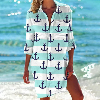 Serena Tropical Print Button-Up Shirt Dress