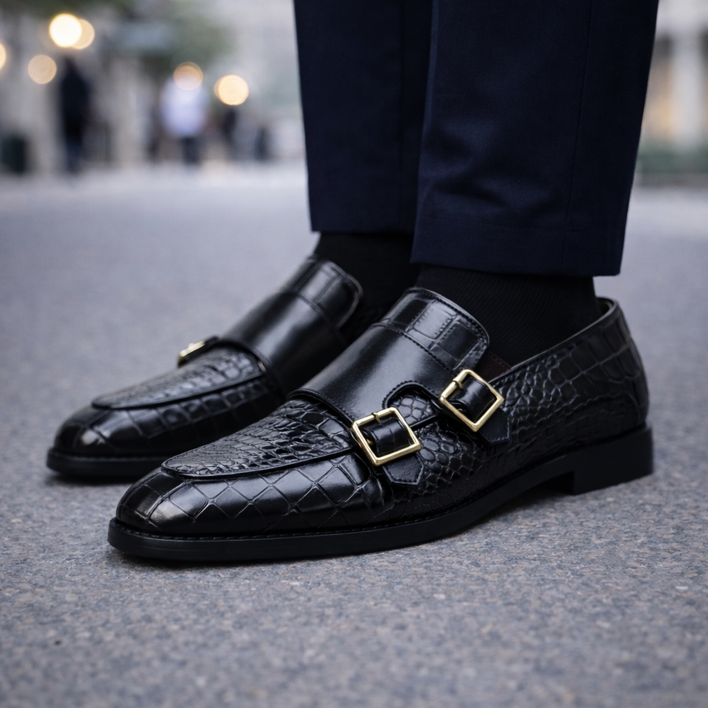 Marcelli Croc-Embossed Italian Leather Double Monk Strap Orthopedic Shoes
