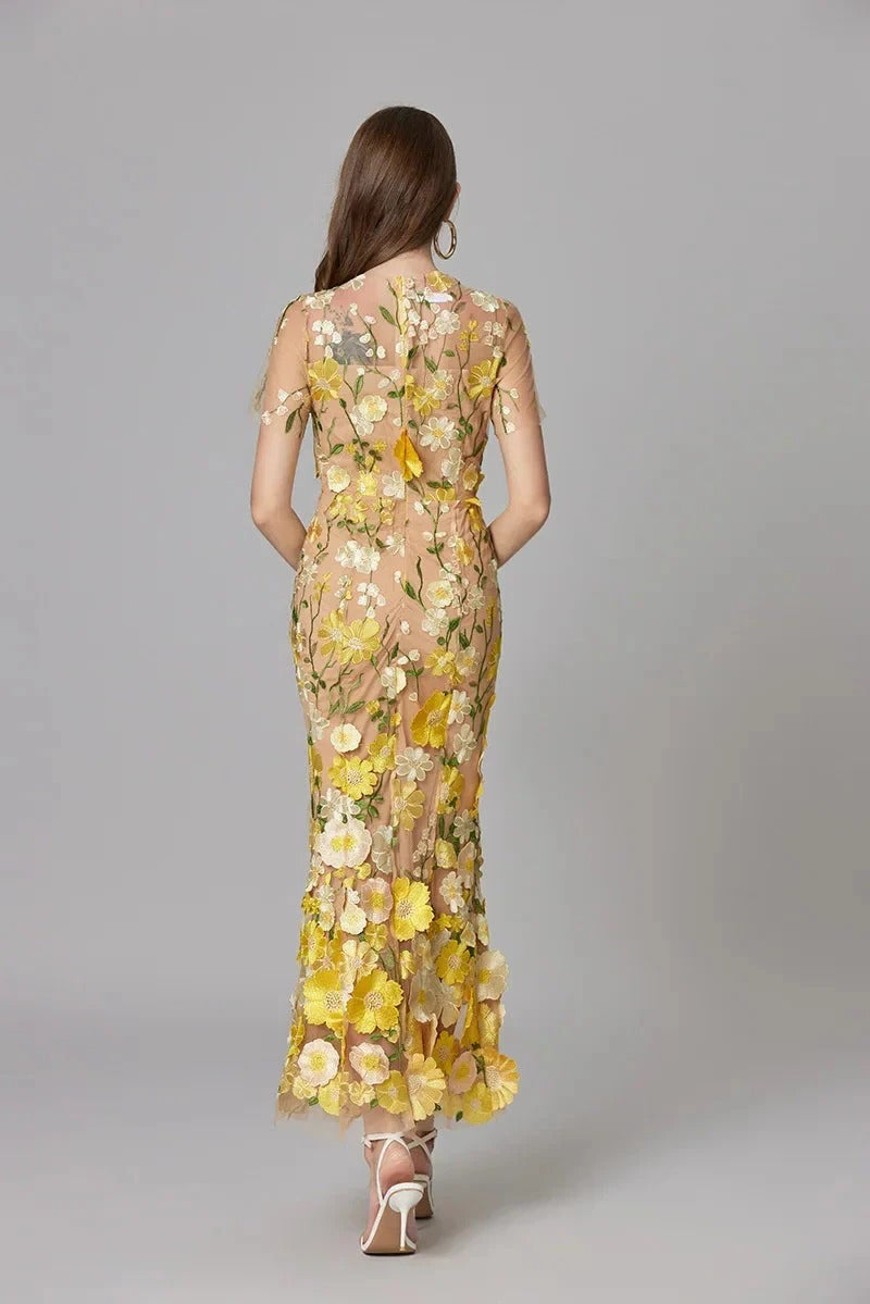 Celestina Mesh Floral Appliqué Maxi Dress