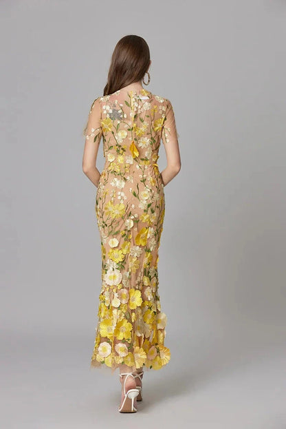Celestina Mesh Floral Appliqué Maxi Dress
