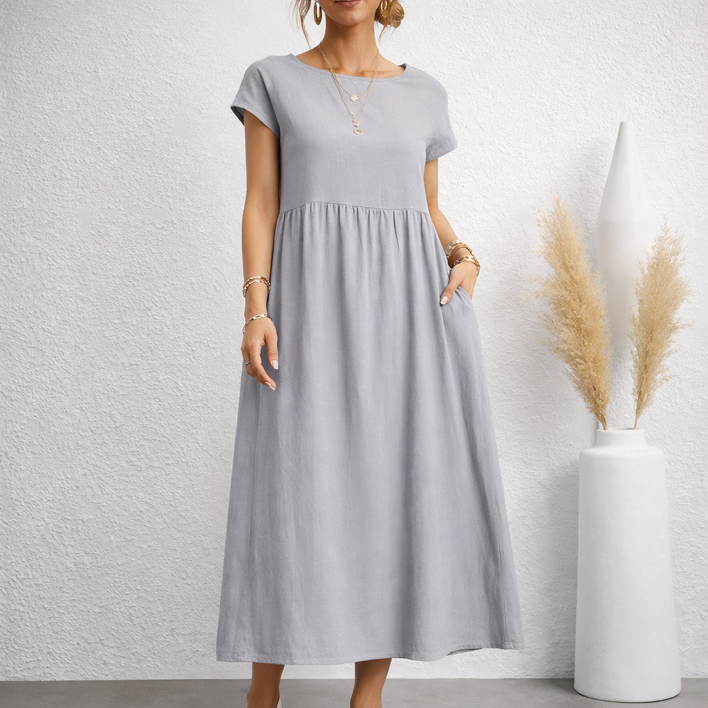 Linen Relaxed Midi Dress with Pockets