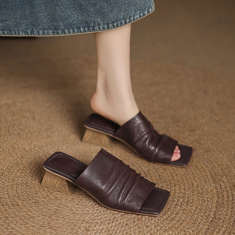 Leather Block Heel Slip-On Sandals