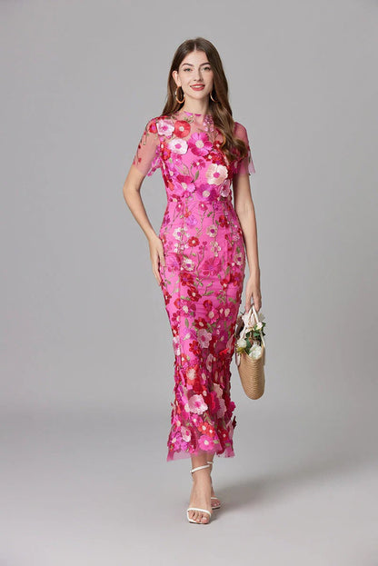Celestina Mesh Floral Appliqué Maxi Dress