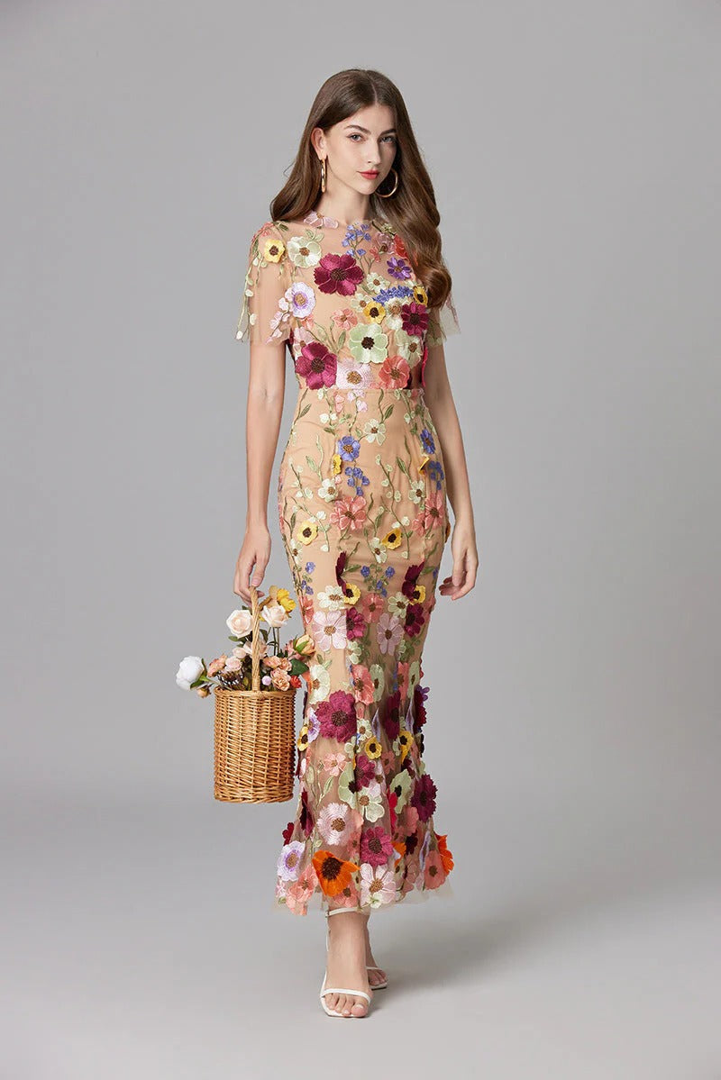 Celestina Mesh Floral Appliqué Maxi Dress
